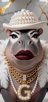 Hippo adorned in pearls and feathers, exuding elegance.