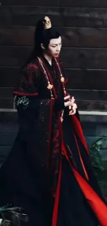 Elegant historical character in traditional attire with rich, dark colors.