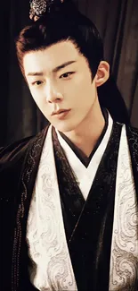 Elegant portrait of a young man in traditional attire against a muted background.