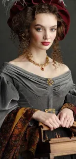 Elegant historical portrait of a woman in vintage attire with a dark background.