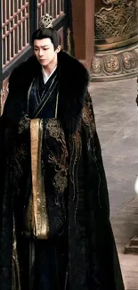 Person in elaborate historical robe in palace setting, black dominant.