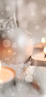 Silver ornaments and candles on snowy background for mobile wallpaper.