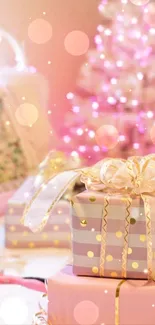 Elegant pink and gold holiday gifts with soft bokeh lights.