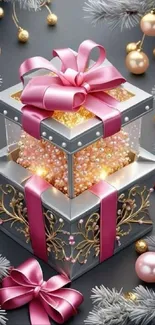 Elegant holiday gift box with pink ribbon and golden ornaments.