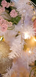 Elegant holiday wallpaper with glittering ornaments and pink floral accents.