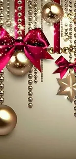 Elegant holiday wallpaper with gold ornaments and red bows.