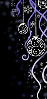 Elegant wallpaper with holiday ornaments and snowflakes on a black background.