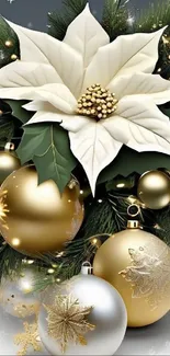 Festive gold ornaments and white poinsettia on dark background.