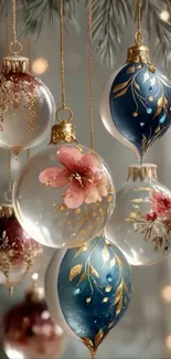 Elegant holiday ornaments with intricate designs hanging delicately in soft focus.