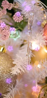 Elegant Christmas ornaments with gold and pink hues, featuring floral accents.