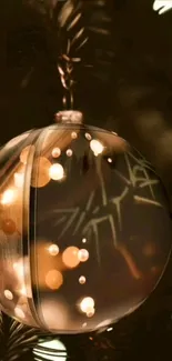 Glass ornament glowing with warm holiday lights on a dark background.