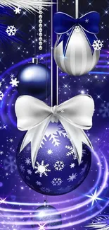 Elegant blue and silver holiday ornaments with bows and sparkling snowflakes.