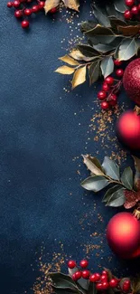 Elegant holiday wallpaper with red ornaments on blue.