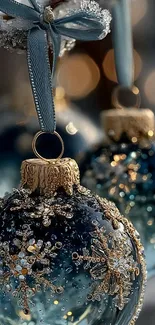 Blue and gold intricate holiday ornament with festive glow.