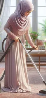 Elegant woman vacuuming in serene room.