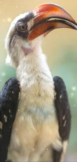 Close-up of a hornbill bird with vibrant beaks and soft brown tones.