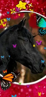 Black horse with colorful butterflies on a red background.