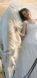 Bride in white dress with a white horse in serene setting.