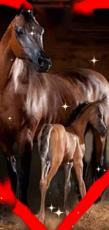 Brown horse and foal in a heart-shaped frame with sparkling effect.