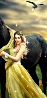 Elegant woman in yellow gown with black horse at sunset.