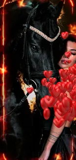 Woman embracing a black horse in an artistic mobile wallpaper.