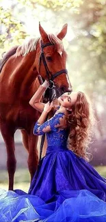 Woman in blue dress with horse in nature.