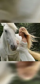 Woman in flowing dress with white horse in nature.