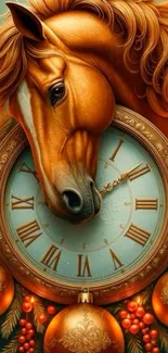 Elegant horse and clock with festive ornaments wallpaper.