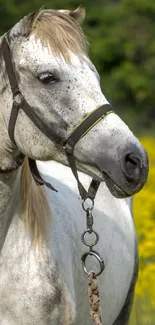 White horse in a field of yellow wildflowers with peaceful scenery.