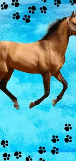 Majestic brown horse inside a paw-printed heart on blue background.