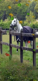 White horse standing by wooden fence in green field.