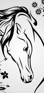 Elegant black and white horse line art with floral accents on a white background.