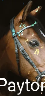 Majestic horse surrounded by musical notes on a mobile wallpaper.