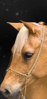 Golden horse with decorative harness on dark background wallpaper.