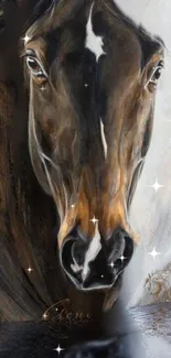 Elegant horse portrait watercolor wallpaper with brown hues and artistic design.