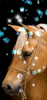 Beautiful palomino horse portrait on a black background, ideal for mobile wallpaper.