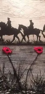 Horse silhouette art with red poppies wallpaper.