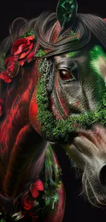 Elegant horse with red roses and green foliage in artistic design.