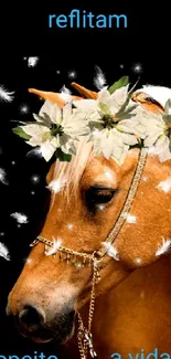 Brown horse with floral headpiece and falling feathers on black background.