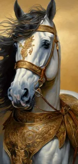 White horse with intricate golden armor against a gold background.