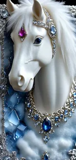 Elegant white horse with jewels on mobile wallpaper.