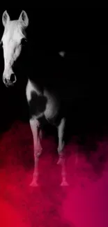 White horse with pink mist on dark background.