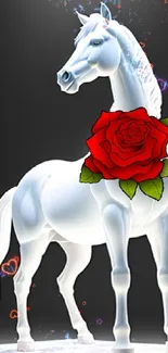 Elegant white horse adorned with a red rose on a dark background in artistic style.