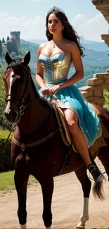 Princess in blue gown on horseback with castle in background.