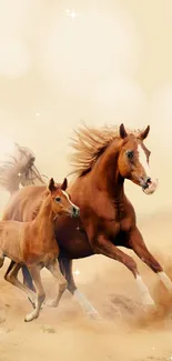 A horse and colt gallop across a sandy desert background.