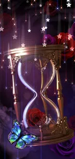 Elegant hourglass with roses and butterfly on a cosmic background.