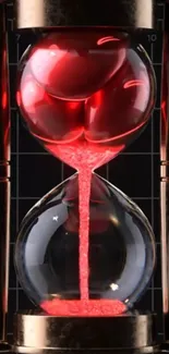 Elegant hourglass with red sand and metallic frame on dark background.