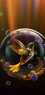 Elegant hummingbird in abstract bubble art with vibrant colors.