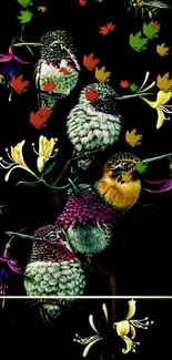 Vibrant hummingbirds with flowers on a black background.