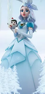 Illustration of an ice princess holding a snowman in a winter wonderland.